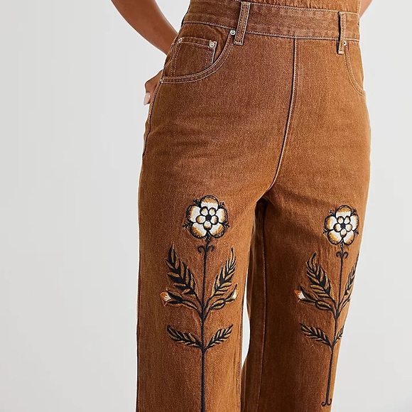 Free People Tudor Dungarees Vintage Floral Sun Brown Festival Denim Overalls - Picture 6 of 8